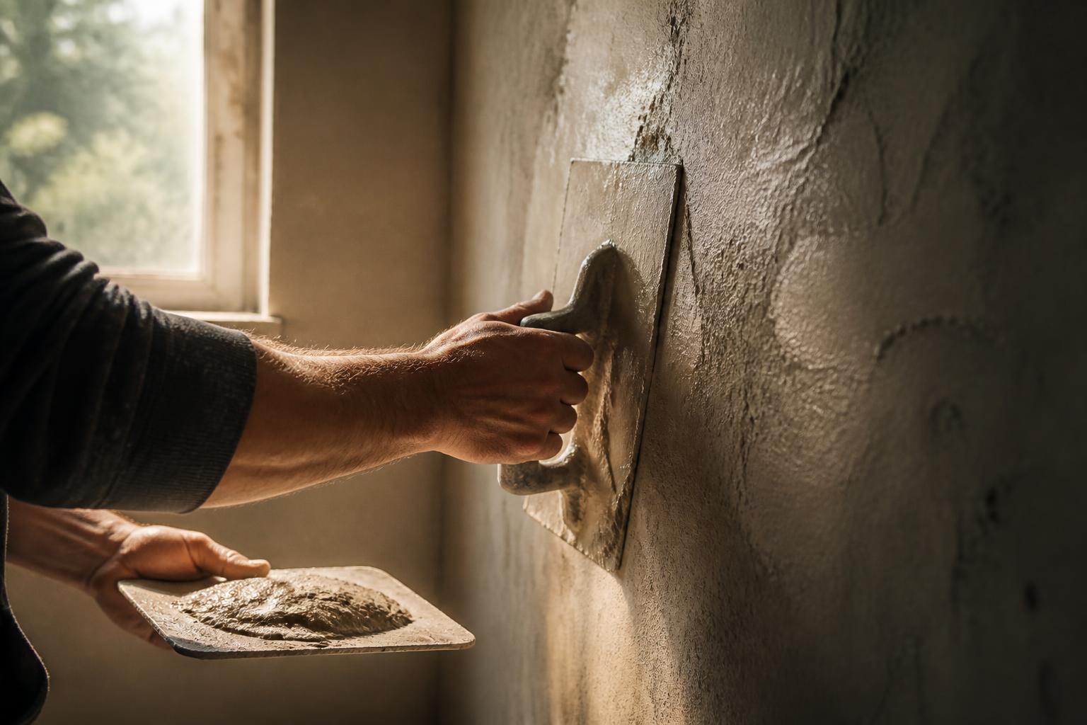 Plasterer smoothing a wall with a steel trowel