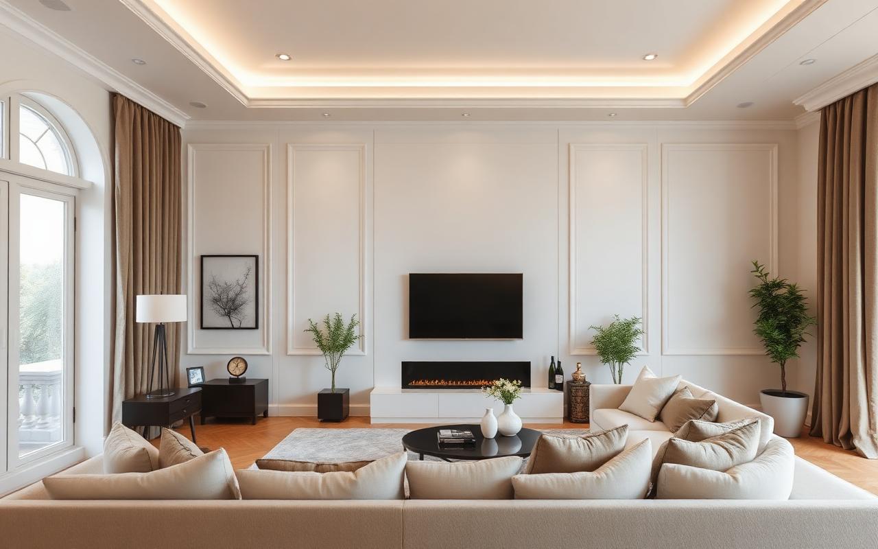 Residential living room with smooth plastered walls